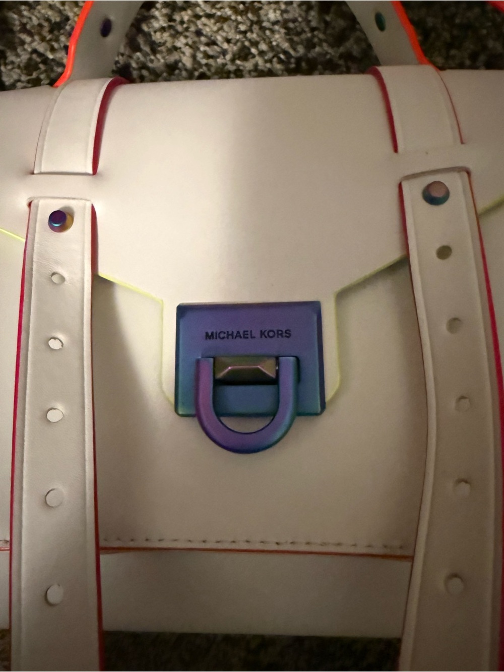 Michael Kors White Crossbody Satchel with Neon Pink & Orange Trim - Picture 2 of 4